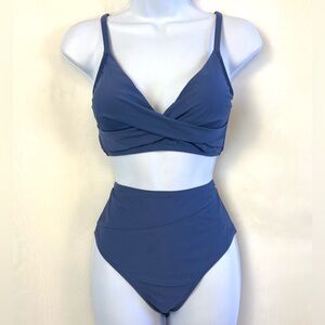 NWT Cupshe Women’s Slate Blue Cross Wrap Top Bikini Swimsuit Set / Medium